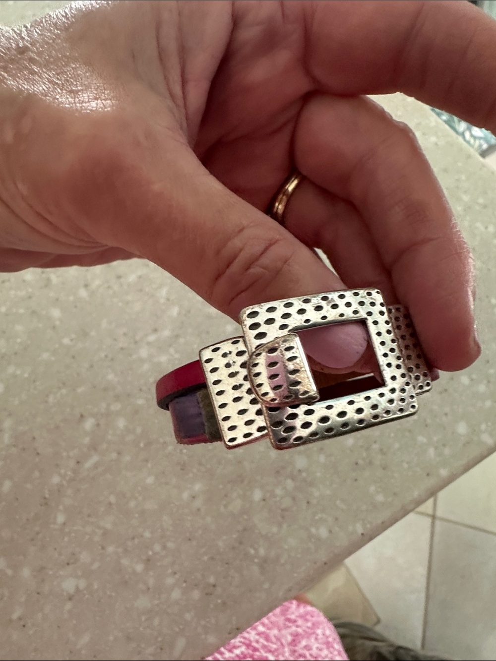 Silver Buckle Leather Bracelet with Red and Teal Accents